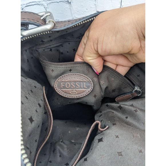 Fossil Maddox Jacquard Brown Geometric Pattern Leather Bucket Bag - Picture 7 of 16